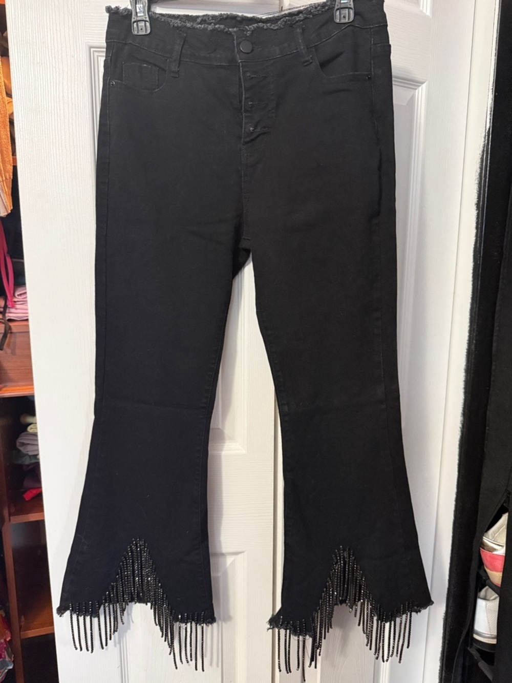 Black Flared Jeans with Fringe Detailing